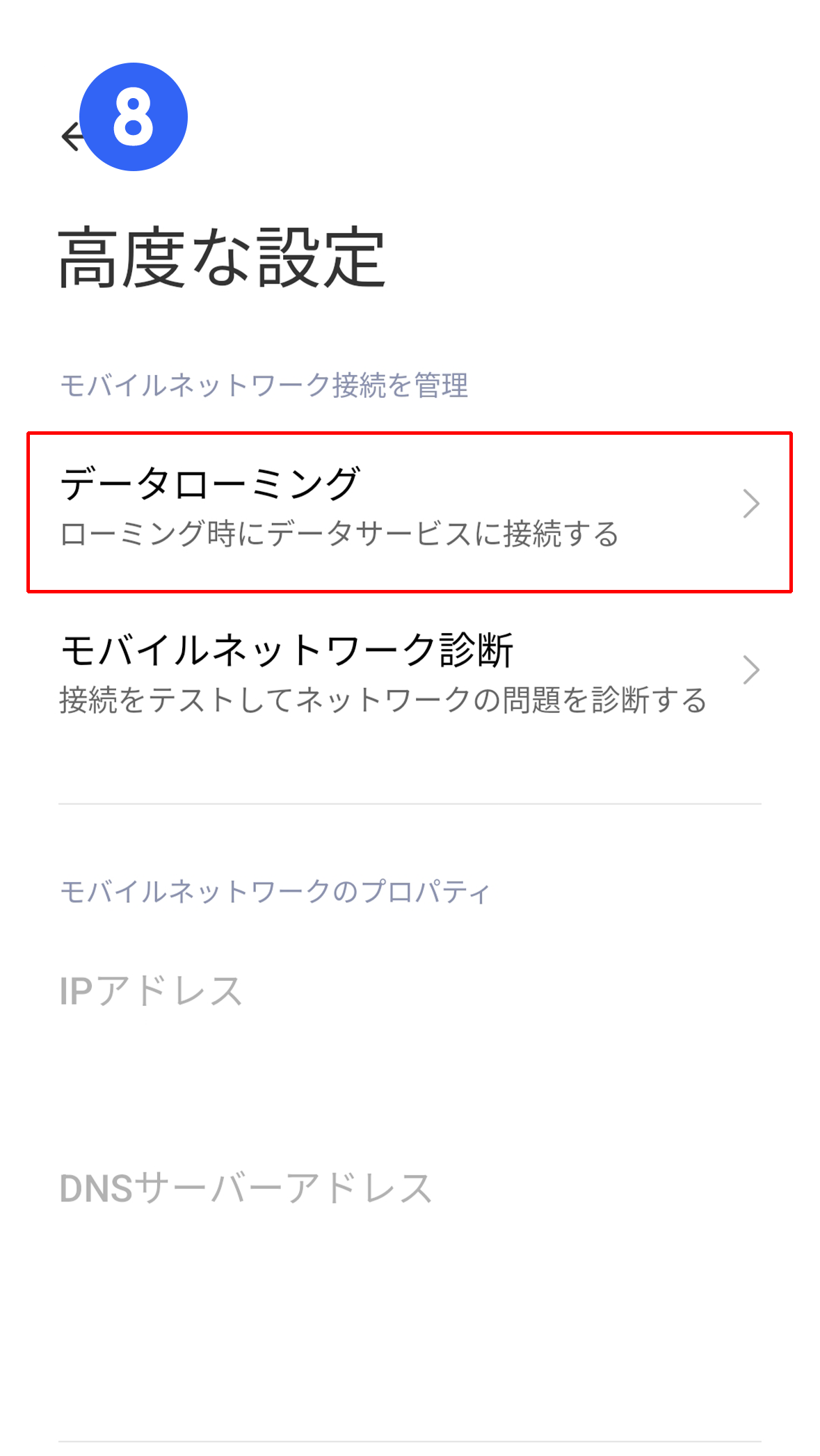 データローミングは「オン」にしてください。